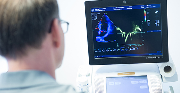 Doctor looks at an ultrasound-screen